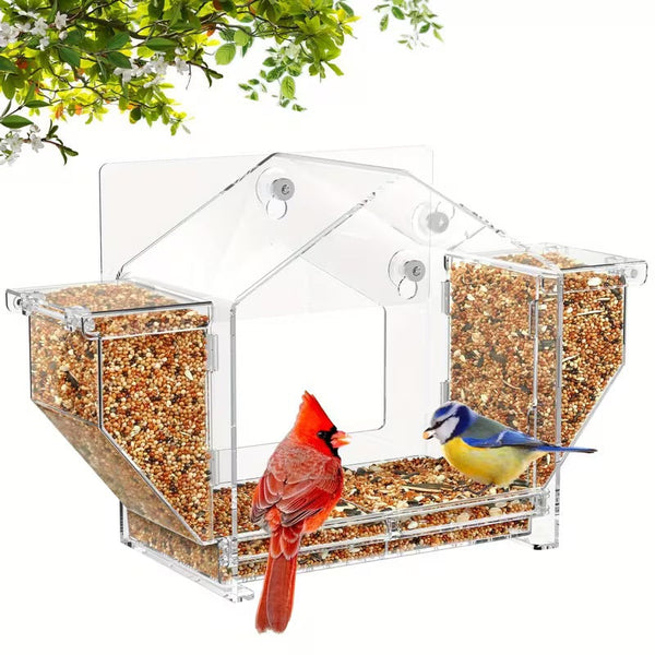 Heldere acryl raam vogelvoeder met easy-clean zadenbak | Doorzichtig vogelvoerhuisje voor kleine tuinvogels