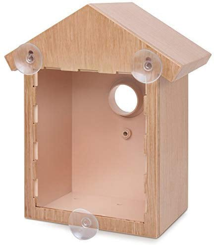 Meekijk vogelhuisje met spionagefolie – raam-nestkast met 3 zuignappen (kunststof, 20×14×10 cm, invliegopening Ø41 mm + ringen 32/25 mm)