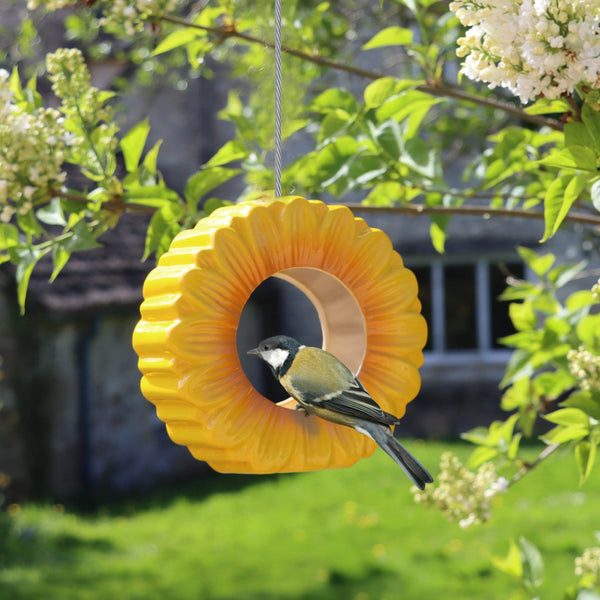 Vogelfutterstation aus Keramik mit Sonnenblumenmotiv zum Aufhängen