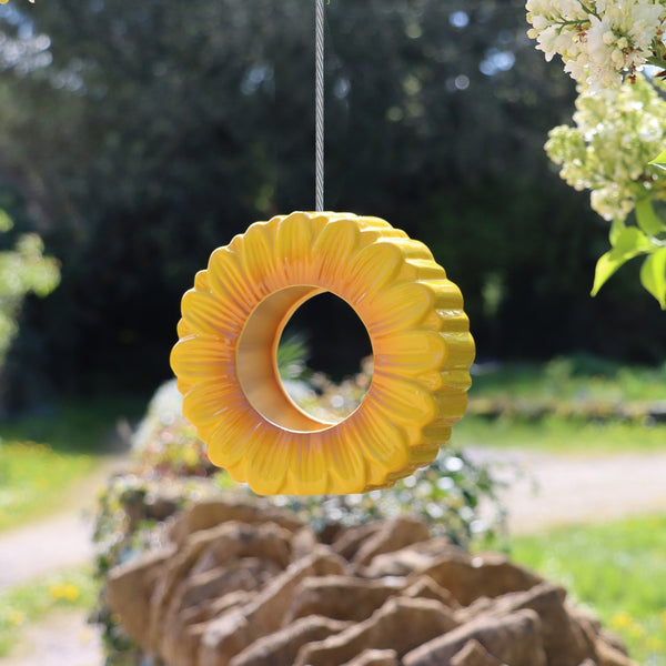 Vogelfutterstation aus Keramik mit Sonnenblumenmotiv zum Aufhängen