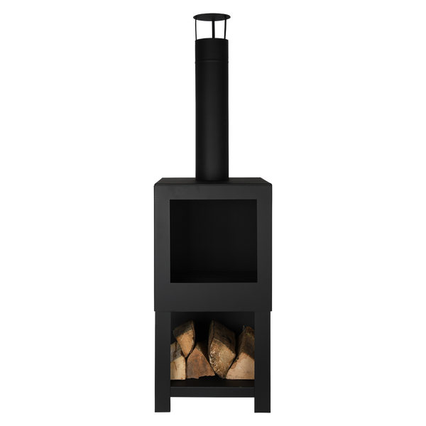 Terrace heater with wood storage