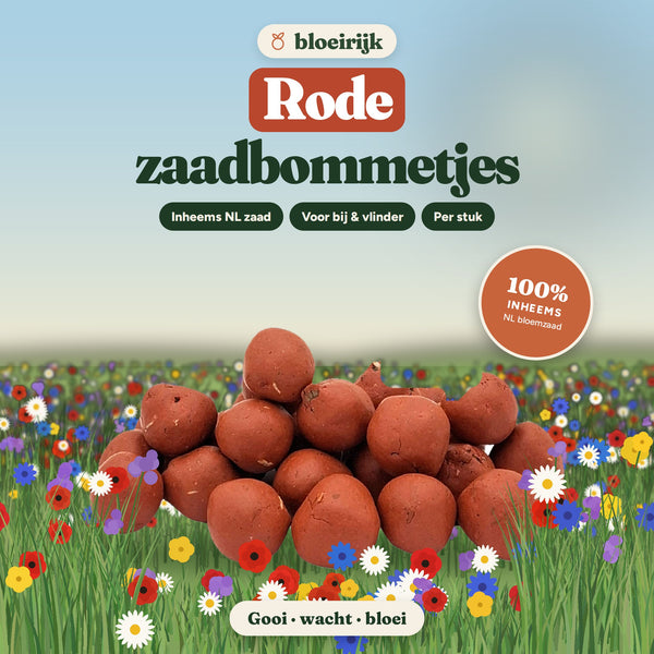 Rode zaadbommetjes van bloeirijk in een bloemenweide