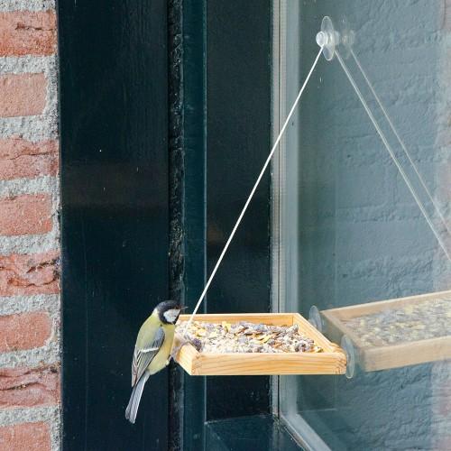 BirdSwing Vide raamvoederplateau – houten raamvoedertafel met 3 zuignappen (tray ca. 16×16–17,5×2 cm; totale hoogte ±40 cm) – 1,5 kg draagkracht – CJ Wildlife