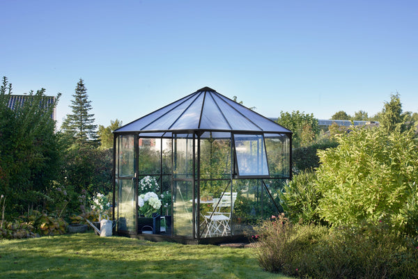 Tuinkamer Prieel Atrium 9,0 zwart 3 mm veiligheidsglas en 6 mm polycarbonaat