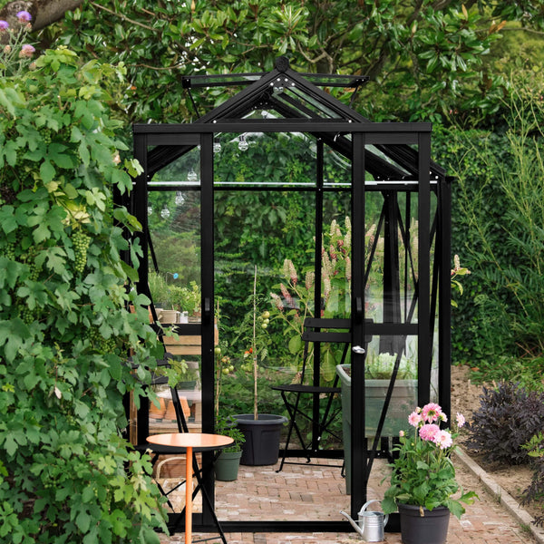 Royal Well Tuinkas Anne I – kleur ‘Zwart RAL 9005’ met 3mm veiligheidsglas (inclusief fundament)