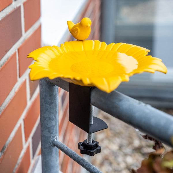 Abreuvoir pour balcon Balus (jaune ocre) – Bain d'oiseaux réglable avec pince pour balcons