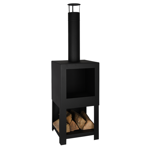 Terrace heater with wood storage