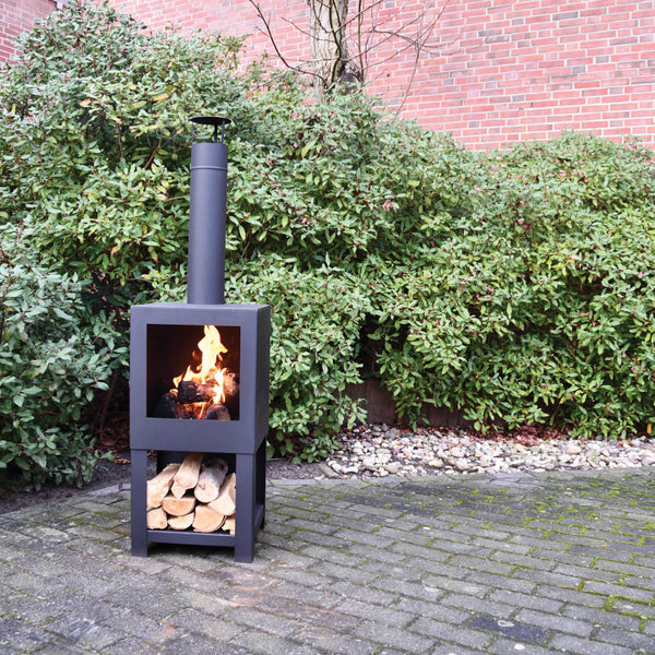 Terrace heater with wood storage