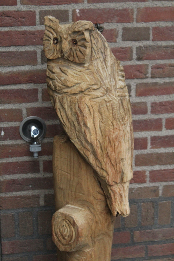 Wooden sculpture owl on trunk