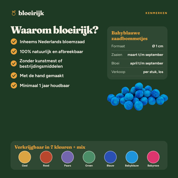 Kenmerken van babyblauwe zaadbommetjes