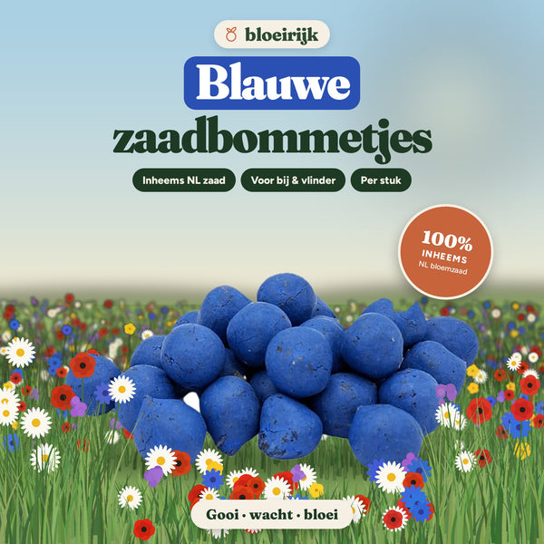 Blauwe zaadbommetjes van bloeirijk in een bloemenweide