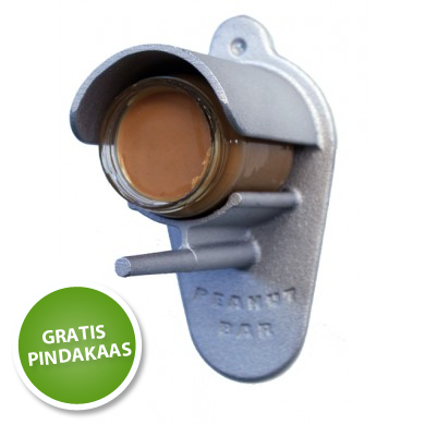 Peanutbar pindkaaspothouder zilver – aluminium houder voor vogelpindakaas (11,5×14,5×21,5 cm) met zitstokje – wandmontage spijker/schroef.
