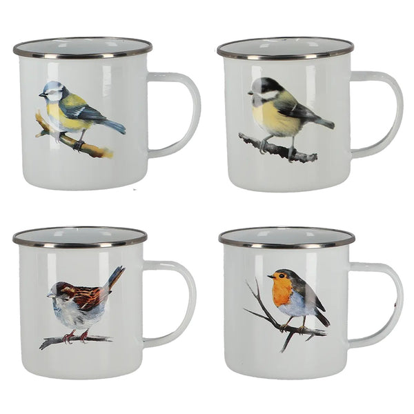 Emaille mok aquarel vogel Esschert Design – assortiment van 4 designs